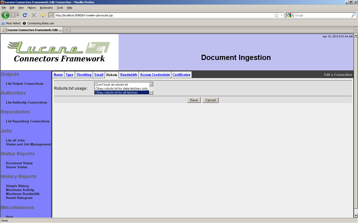 Web Connection, Robots tab